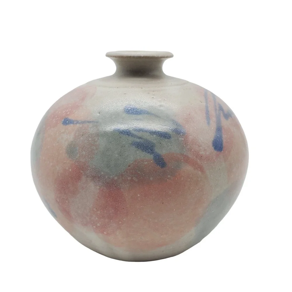 Gray Squat Art Pottery Vase Pastel Pink Blue Abstract Signed Ceramic Pot Vintage